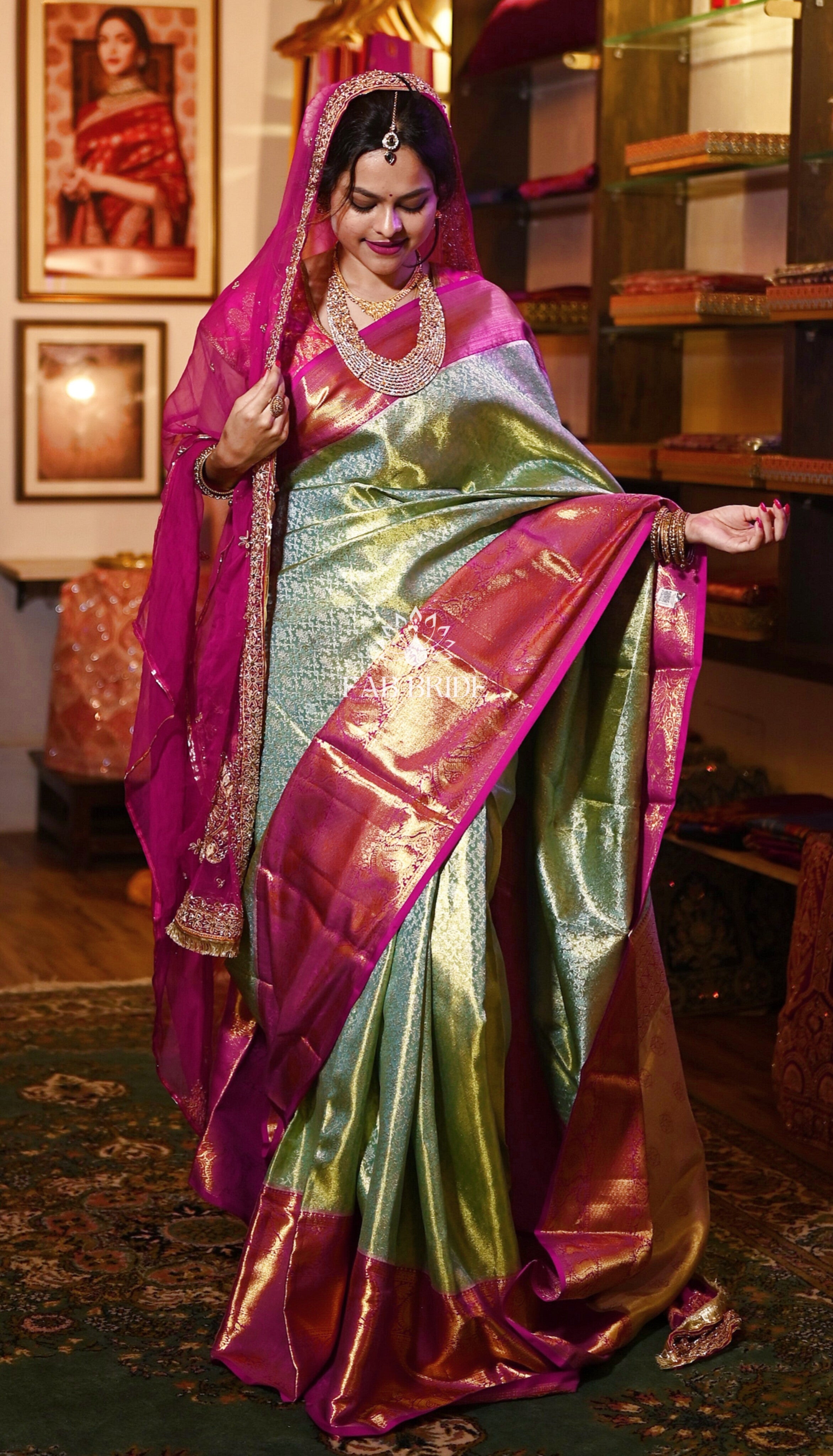 "BEWILDERING GREEN" PURE TISSUE SILK KANJIVARAM BRIDAL SAREE