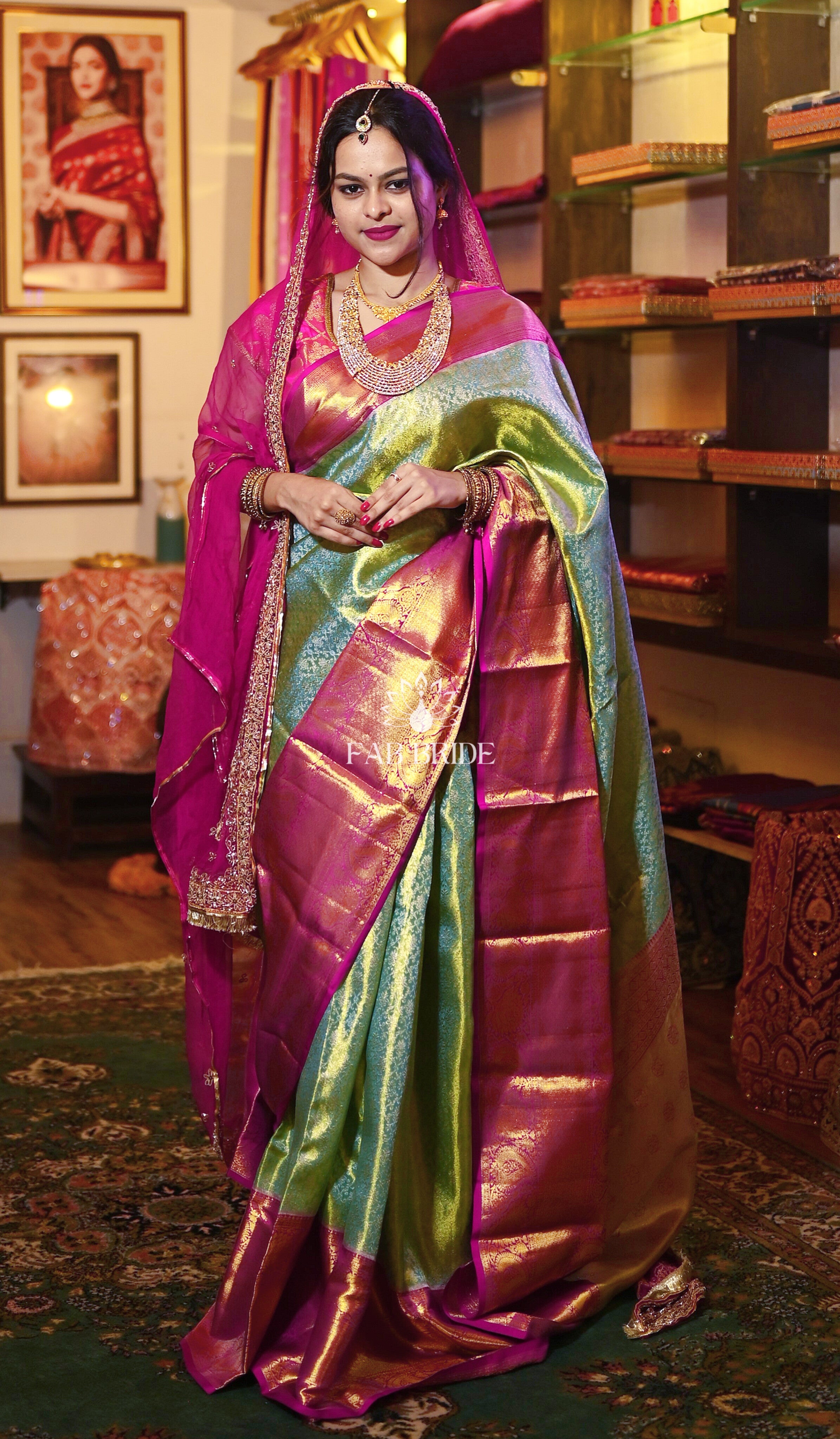 "BEWILDERING GREEN" PURE TISSUE SILK KANJIVARAM BRIDAL SAREE