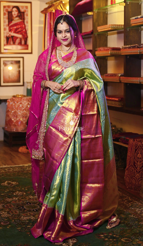 "BEWILDERING GREEN" PURE TISSUE SILK KANJIVARAM BRIDAL SAREE