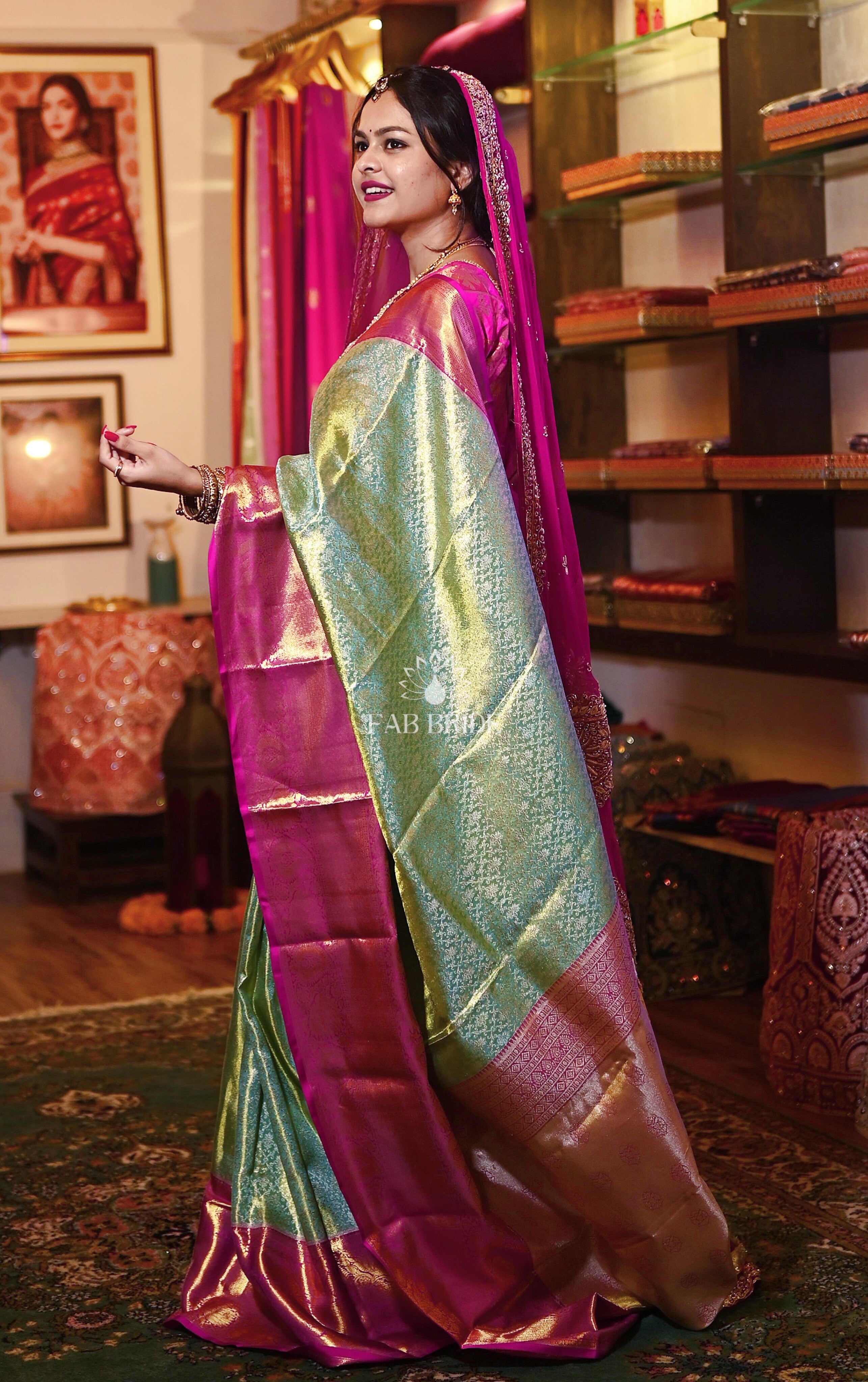 "BEWILDERING GREEN" PURE TISSUE SILK KANJIVARAM BRIDAL SAREE